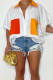 Orange Casual Color Block Patchwork Pocket Buckle Shirt Collar Tops