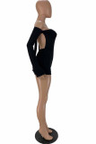 Black Sexy bandage Backless Solid Split Long Sleeve one word collar Rompers