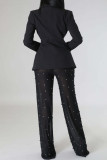 Black Elegant Solid Patchwork Buttons Turn-back Collar Long Sleeve Two Pieces
