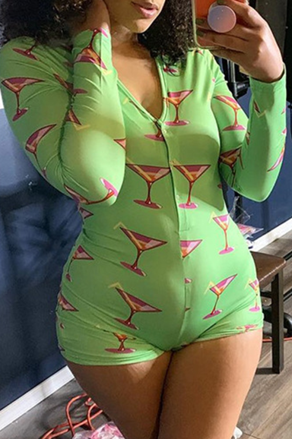 Green Casual Print Patchwork O Neck Skinny Rompers