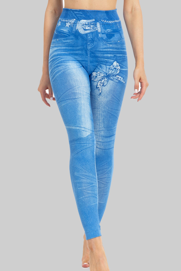 Blue Casual Print Patchwork Skinny High Waist Conventional Positioning Print Bottoms