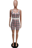 Pink Sexy Plaid Striped Print Patchwork Spaghetti Strap Skinny Rompers