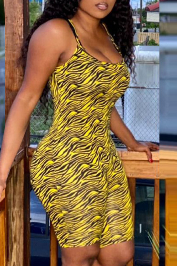 Yellow Sexy Print Patchwork Spaghetti Strap Skinny Rompers
