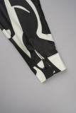 Black And White Casual Print Patchwork Shirt Collar Long Sleeve Two Pieces