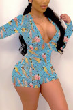 Yellow Street Print V Neck Skinny Rompers