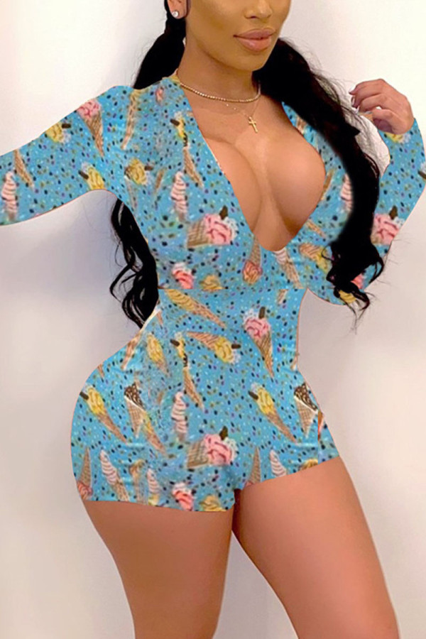 Blue Street Print V Neck Skinny Rompers