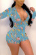 Blue Street Print V Neck Skinny Rompers