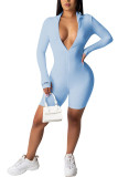 Light Blue Fashion Casual Patchwork Solid zipper Long Sleeve V Neck Rompers