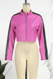 Yellow Casual Patchwork Contrast Zipper Collar Outerwear