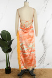 Orange Sexy Print Patchwork Backless Slit Spaghetti Strap Long Dress Dresses