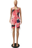 Pink Fashion Sexy Tie-dyed Coloured drawing Hollow Sleeveless Hanging neck Rompers