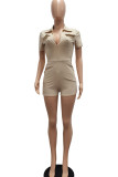 White Casual Solid Patchwork Pocket Zipper Turndown Collar Skinny Rompers