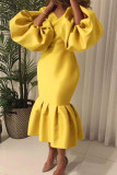 Yellow Casual Solid Patchwork V Neck One Step Skirt Plus Size Dresses