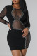 Black Celebrities Solid Patchwork Mesh Hot Drill Zipper O Neck Wrapped Skirt Dresses