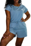 Mint green Fashion Casual Patchwork bandage Solid Short Sleeve O Neck Rompers