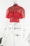 Red Casual Solid Patchwork Oblique Collar Outerwear