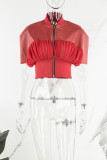 Red Casual Solid Patchwork Oblique Collar Outerwear