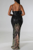 Black Celebrities Print Patchwork Spaghetti Strap Evening Dress Dresses