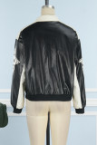 Black White Casual Letter Print Patchwork Turndown Collar Outerwear