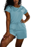 Light Blue Fashion Casual Solid Short Sleeve O Neck Rompers