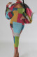 Camouflage Street Color Block Patchwork Contrast Halter Long Sleeve Two Pieces