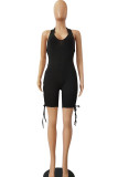 Black Fashion Casual Hollow Solid Sleeveless Hanging neck Rompers