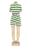 Green Fashion Casual Striped Short Sleeve O Neck Rompers