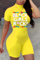 Yellow Fashion Sexy Print Short Sleeve O Neck Rompers