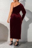 Burgundy Sexy Casual Solid Backless Slit Oblique Collar Long Sleeve Plus Size Dresses