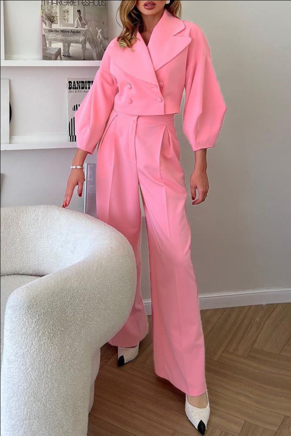 Pink Casual Solid Patchwork Turndown Collar Long Sleeve Two Pieces