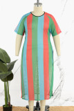 Tangerine Red Casual Striped Patchwork See-through Slit O Neck Short Sleeve Dress Plus Size Dresses