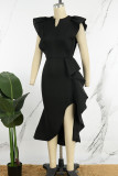 Red Casual Solid Flounce V Neck Irregular Dress Dresses (Without Belt)