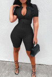 Yellow Casual Solid Zipper O Neck Skinny Rompers