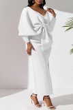 White Casual Solid Patchwork With Bow V Neck Long Sleeve Dresses