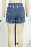 Deep Blue Street Solid Hollowed Out Pocket Buttons Zipper Mid Waist Skinny Denim Shorts