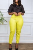 Yellow Casual Solid Basic Regular High Waist Conventional Solid Color Trousers