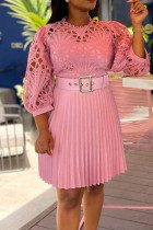 Pink Casual Solid Hollowed Out With Belt Half A Turtleneck Pleated Plus Size Dresses