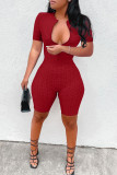 Yellow Casual Solid Zipper O Neck Skinny Rompers