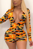 Yellow Street Print V Neck Skinny Rompers