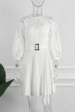 White Casual Solid Hollowed Out With Belt Half A Turtleneck Pleated Plus Size Dresses