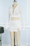 White Casual Solid Patchwork Slit V Neck Long Sleeve Two Pieces