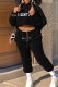 Black Casual Print Letter Hooded Collar Plus Size Two Pieces