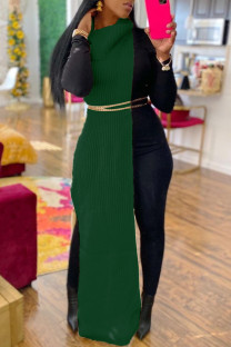 Green Casual Solid Slit Turtleneck Long Dress Dresses (Without Waist Chain)