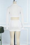 White Casual Solid Patchwork Slit V Neck Long Sleeve Two Pieces