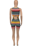 Colour Sexy Striped Patchwork U Neck Skinny Rompers