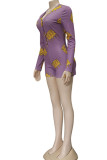 purple Fashion Casual Print Long Sleeve V Neck Rompers