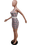 Pink Sexy Plaid Striped Print Patchwork Spaghetti Strap Skinny Rompers