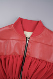 Red Casual Solid Patchwork Oblique Collar Outerwear