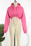 Rose Red Casual Solid Basic Hooded Collar Tops