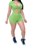 Green Fashion Casual bandage Button Solid Short Sleeve Turndown Collar Rompers